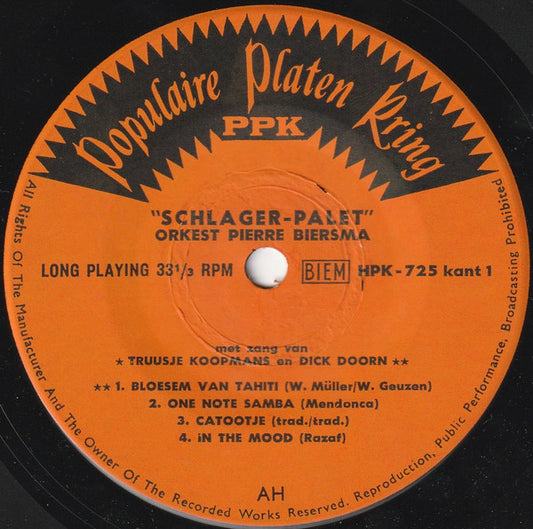 Pierre Biersma En Zijn Orkest Met Zang van Truusje Koopmans En Dick Doorn - Schlager Palet 37327 Vinyl Singles EP Vinyl Zeer Goed / Hoesje Goed "VINYLSINGLES.NL"