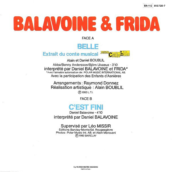 Daniel Balavoine & Frida - Belle 19078 Vinyl Singles Vinyl Very Good (VG) <br> Hoes Good Plus (G+)