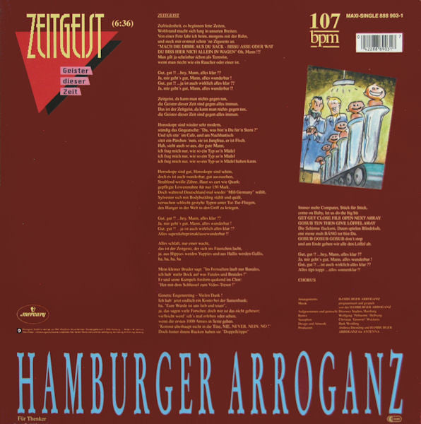 Hamburger Arroganz - Zeitgeist (Geister Dieser Zeit) Vinyl Singles Vinyl Very Good (VG) <br> Hoes Good Plus (G+)