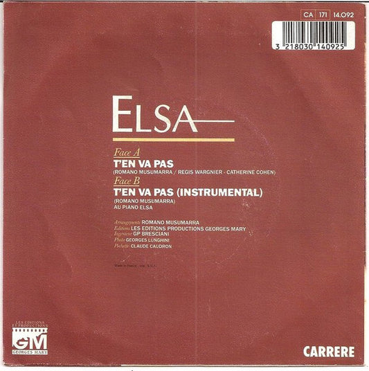 Elsa - T'en Va Pas 36925 Vinyl Singles Vinyl Zeer Goed / Hoesje Goed "VINYLSINGLES.NL"