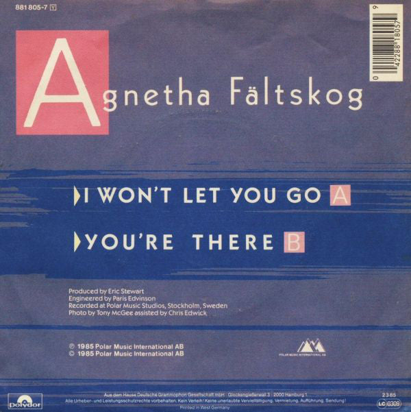 Agnetha Fältskog - I Won't Let You Go Vinyl Singles Vinyl Very Good (VG) <br> Hoes Good Plus (G+)