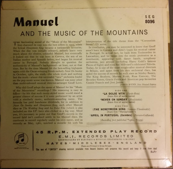 Manuel And His Music Of The Mountains - The Music Of Manuel (EP Vinyl Singles EP Vinyl Very Good (VG) <br> Hoes Good Plus (G+)
