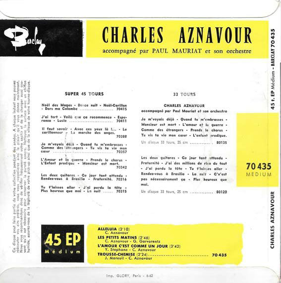 Charles Aznavour Accompagné Par Paul Mauriat Et Son Orchestre - Alleluia Vinyl Singles EP Vinyl Very Good (VG) <br> Hoes Good Plus (G+)