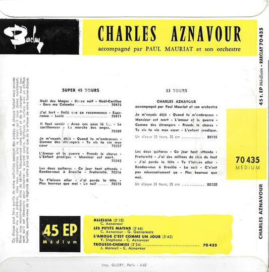 Charles Aznavour Accompagné Par Paul Mauriat Et Son Orchestre - Alleluia Vinyl Singles EP Vinyl Zeer Goed / Hoesje Goed "VINYLSINGLES.NL"