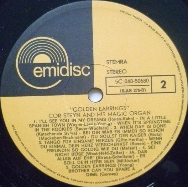 Cor Steyn And His Magic Organ - Golden Earrings (LP) Vinyl LP Vinyl Very Good (VG) <br> Hoes Good Plus (G+)