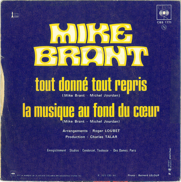 Mike Brant - Tout Donné Tout Repris Vinyl Singles Vinyl (VG) <br> Hoes (G+)