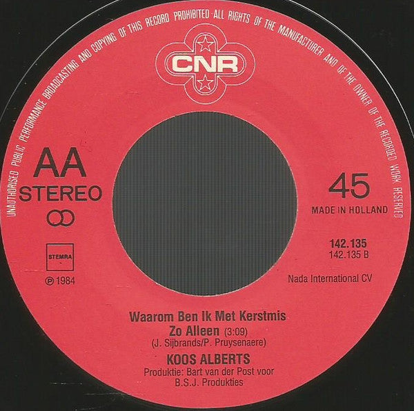 Koos Alberts - Kerstmis In De Jordaan 26062 Vinyl Singles Vinyl Very Good (VG) <br> Hoes Good Plus (G+)