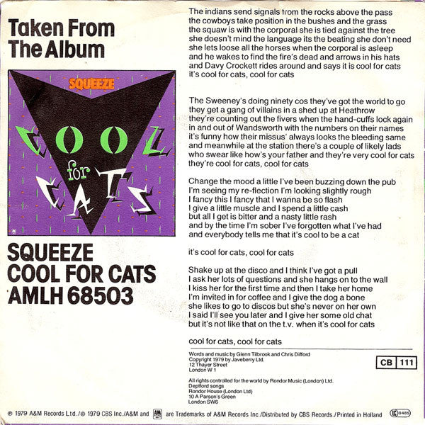Squeeze - Cool For Cats Vinyl Singles Vinyl Very Good (VG) <br> Hoes Good Plus (G+)