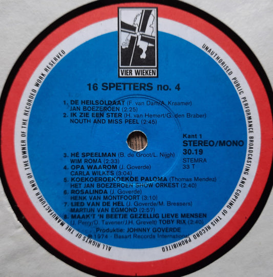 Various - 16 Spetters Nr. 4 (LP) Vinyl LP Vinyl Zeer Goed / Hoesje Goed "VINYLSINGLES.NL"