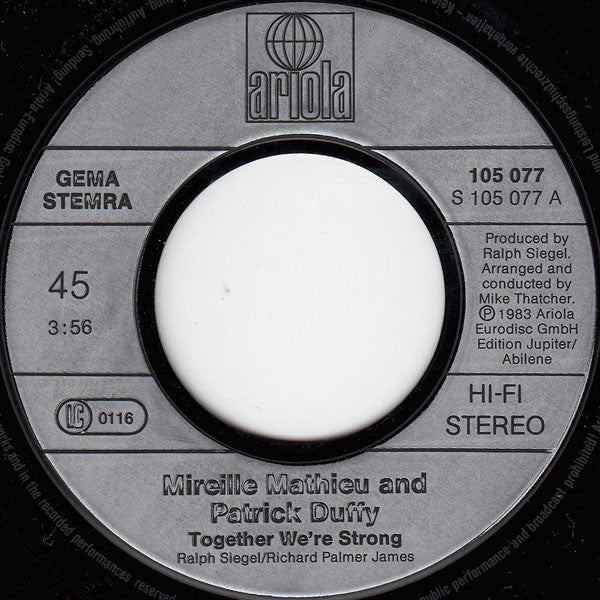 Mireille Mathieu & Patrick Duffy - Together We're Strong 39103 Vinyl Singles Vinyl Very Good (VG) <br> Hoes Good Plus (G+)