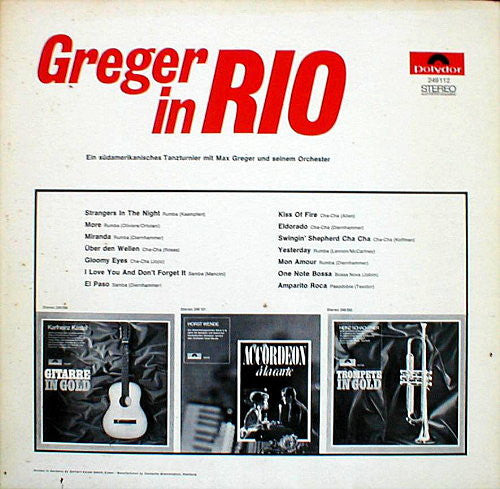 Max Greger Und Sein Orchester - Greger In Rio (LP) Vinyl LP Vinyl Very Good (VG) <br> Hoes Good Plus (G+)