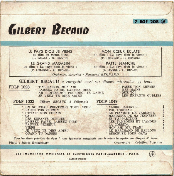 Gilbert Bécaud - Le Pays D'où Je Viens (B-Keus) Vinyl Singles EP Vinyl Goed / Hoes Redelijk