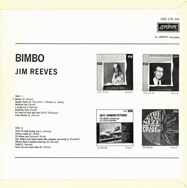 Jim Reeves - Bimbo (LP) Vinyl LP Vinyl Very Good (VG) <br> Hoes Good Plus (G+)