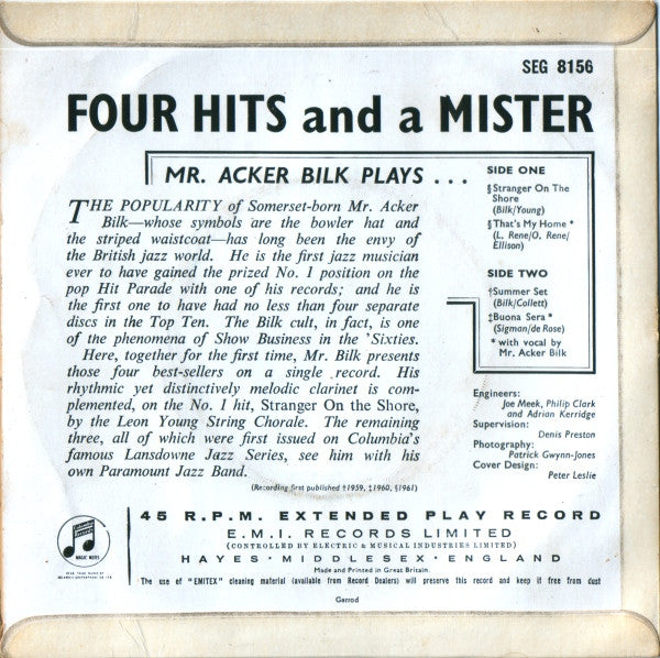 Acker Bilk - Four Hits And A Mister Vinyl Singles EP Vinyl Very Good (VG) <br> Hoes Good Plus (G+)