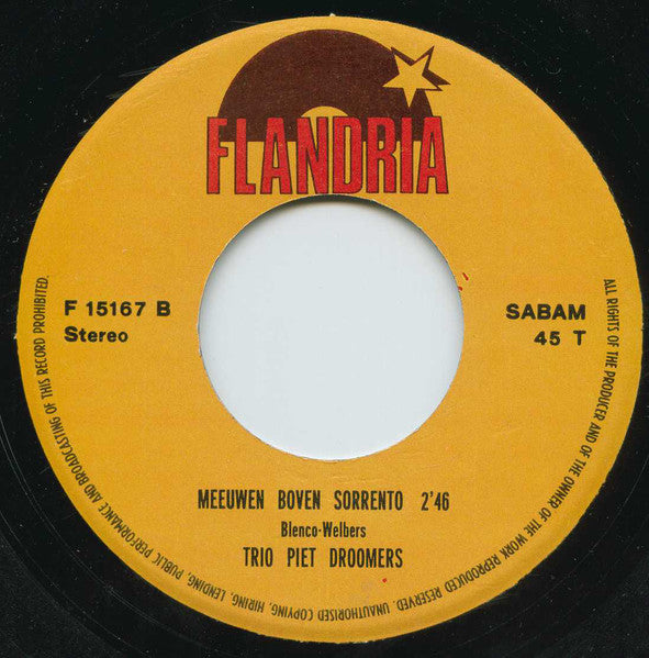 Trio Piet Droomers - Het Lied Van't Pierement Vinyl Singles Vinyl Very Good (VG) <br> Hoes Good Plus (G+)