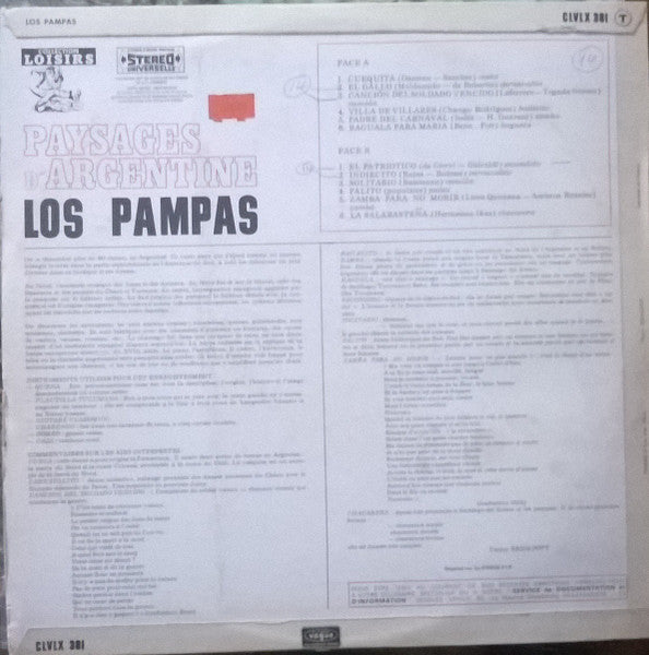 Los Pampas - Paysages D'Argentine (LP) Vinyl LP Vinyl Very Good (VG) <br> Hoes Good Plus (G+)