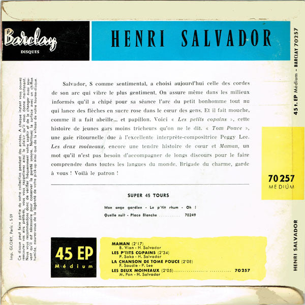 Henri Salvador - Maman Vinyl Singles EP Vinyl Very Good (VG) <br> Hoes Good Plus (G+)