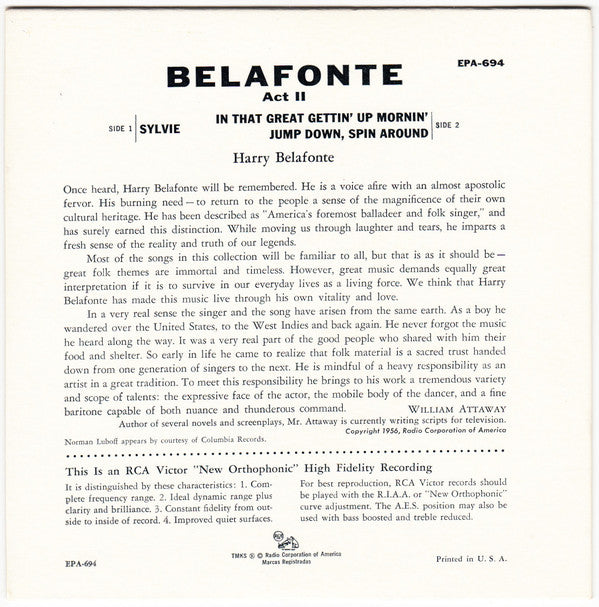 Harry Belafonte - Belafonte - Act * Vinyl Singles Vinyl Very Good (VG) <br> Hoes Good Plus (G+)
