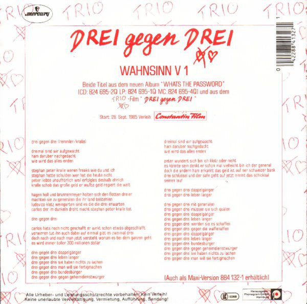 Trio - Drei Gegen Drei Vinyl Singles Vinyl Very Good (VG) <br> Hoes Good Plus (G+)