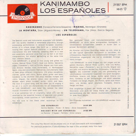 Los Españoles - Kanimambo Vinyl Singles EP Vinyl Zeer Goed / Hoesje Goed "VINYLSINGLES.NL"