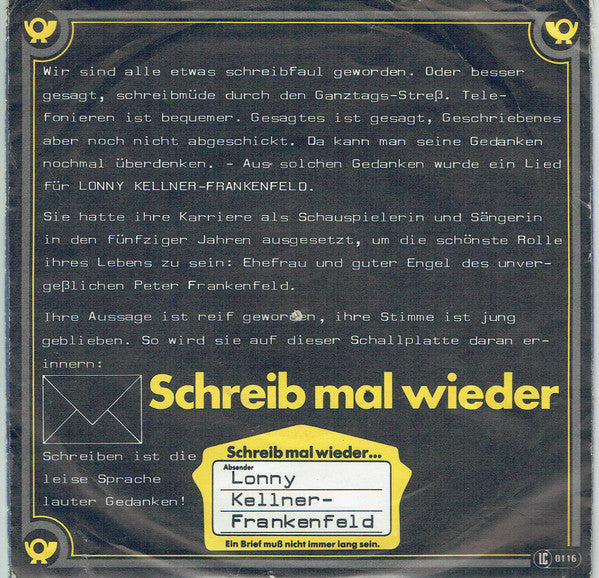 Lonny Kellner - Schreib Mal Wieder Vinyl Singles Vinyl Very Good (VG) <br> Hoes Good Plus (G+)