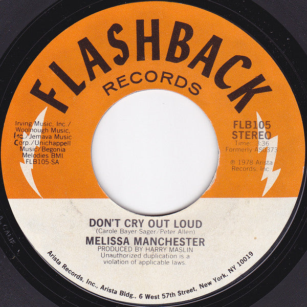 Melissa Manchester - Don't Cry Out Loud Vinyl Singles Vinyl Very Good (VG) <br> Hoes Good Plus (G+)