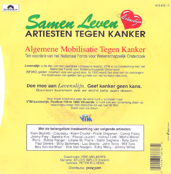 Artiesten Tegen Kanker - Samen Leven 37126 Vinyl Singles Vinyl Very Good (VG) <br> Hoes Good Plus (G+)
