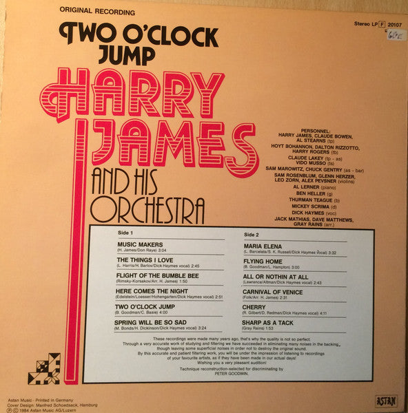 Harry James And His Orchestra - Two O'Clock Jump (LP) Vinyl LP Vinyl Very Good (VG) <br> Hoes Good Plus (G+)