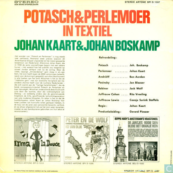 Toneelgezelschap Johan Kaart - Potasch & Perlemoer In Textiel (LP) Vinyl LP Vinyl Very Good (VG) <br> Hoes Good Plus (G+)