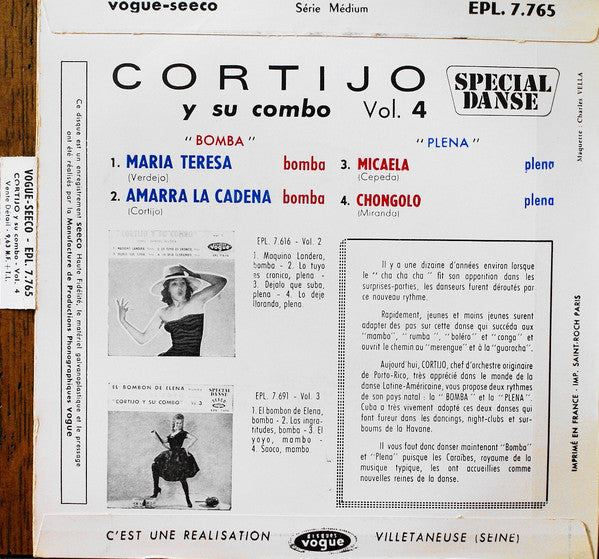 Cortijo Y Su Combo - Vol. * Bomba Plena Vinyl Singles EP Vinyl Very Good (VG) <br> Hoes Good Plus (G+)