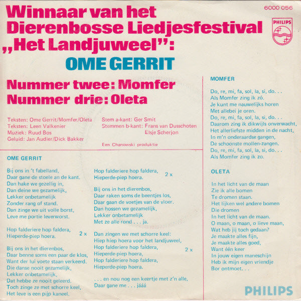Fabeltjeskrant - Winnaars van het Dierebosse Liedjesfestival Het Landjuweel Vinyl Singles Vinyl Very Good (VG) <br> Hoes Good Plus (G+)