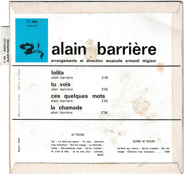 Alain Barrière - Lolita Vinyl Singles EP Vinyl Very Good (VG) <br> Hoes Good Plus (G+)