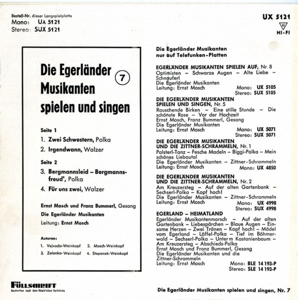 Egerlander Musikanten - Die Egerlander Musikanten Spielen Und Singen - Nr.* Vinyl Singles EP Vinyl Very Good (VG) <br> Hoes Good Plus (G+)