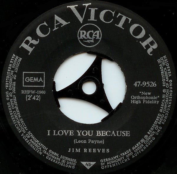 Jim Reeves - I Love You Because 35039 Vinyl Singles Vinyl Very Good (VG) <br> Hoes Good Plus (G+)