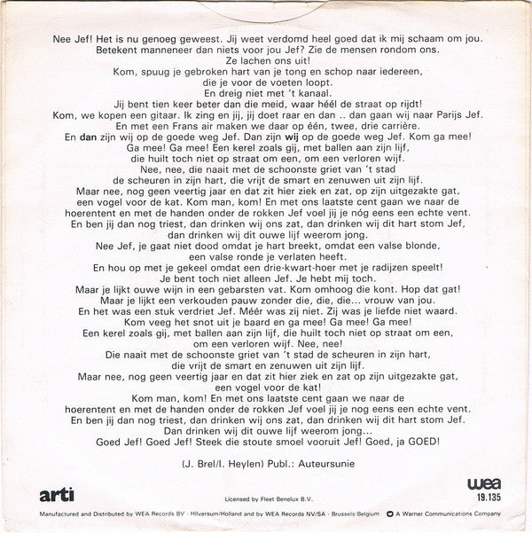 Ivan Heylen - Jef 27812 Vinyl Singles Vinyl (VG) <br> Hoes (G+)