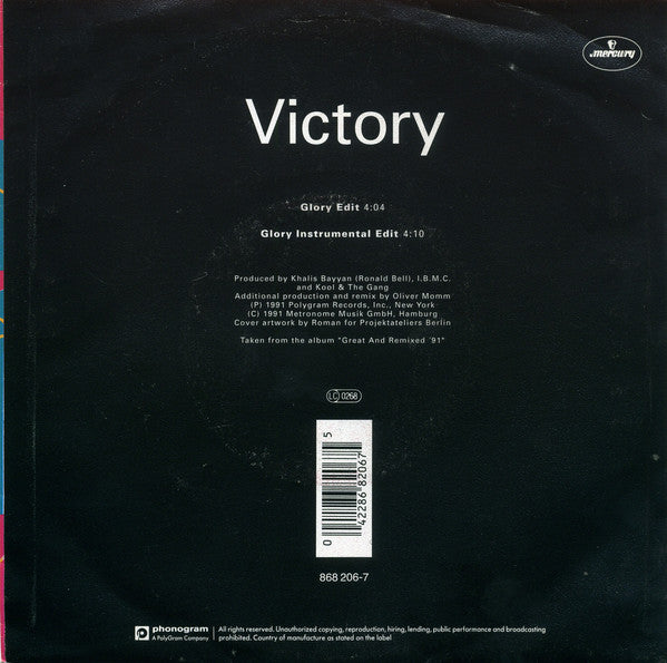 Kool & The Gang - Victory (Glory Mix) Vinyl Singles Vinyl Very Good (VG) <br> Hoes Good Plus (G+)