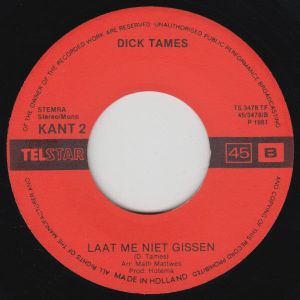 Dick Tames - Ze Kunne Me Rug Op Vinyl Singles