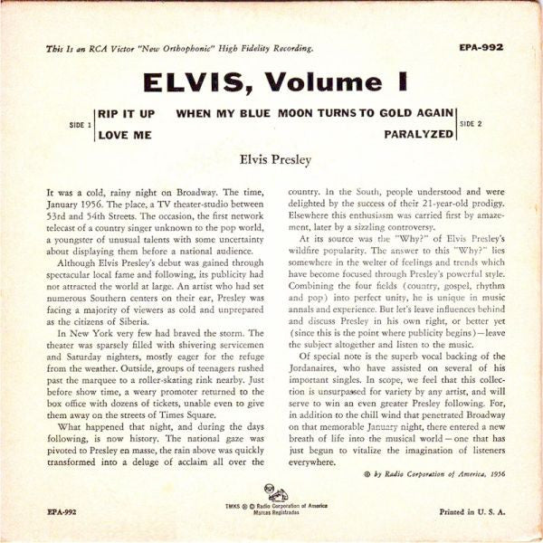 Elvis Presley - Elvis, Volume * Vinyl Singles EP Vinyl Very Good (VG) <br> Hoes Good Plus (G+)