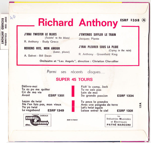 Richard Anthony - J'irai Twister Le Blues 27262 Vinyl Singles EP Vinyl Very Good (VG) <br> Hoes Good Plus (G+)