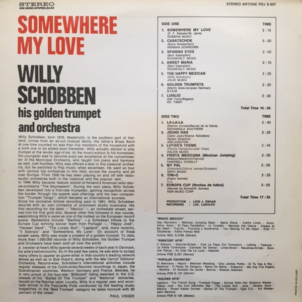 Willy Schobben - Somewhere My Love (LP) Vinyl LP Vinyl Very Good (VG) <br> Hoes Good Plus (G+)