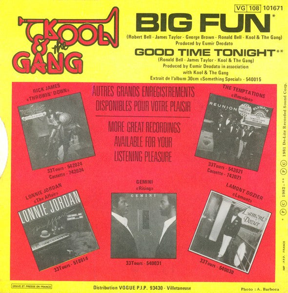 Kool & The Gang - Big Fun Vinyl Singles Vinyl Very Good (VG) <br> Hoes Good Plus (G+)