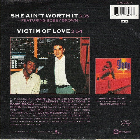 Glenn Medeiros Featuring Bobby Brown - She Ain't Worth It Vinyl Singles Vinyl Very Good (VG) <br> Hoes Good Plus (G+)