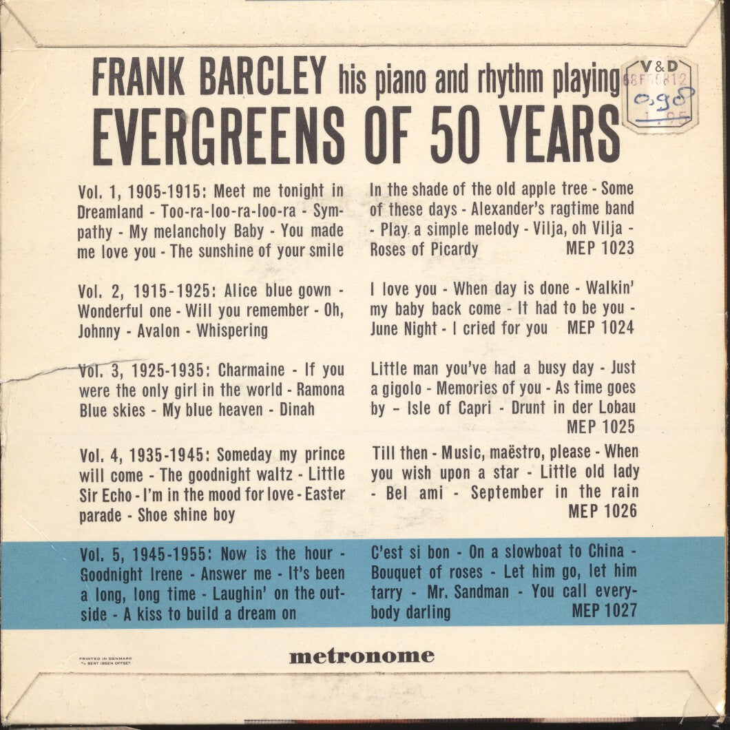 Frank Barcley His Piano And Rhythm - Evergreens Vol. --** Vinyl Singles Vinyl Very Good (VG) <br> Hoes Good Plus (G+)