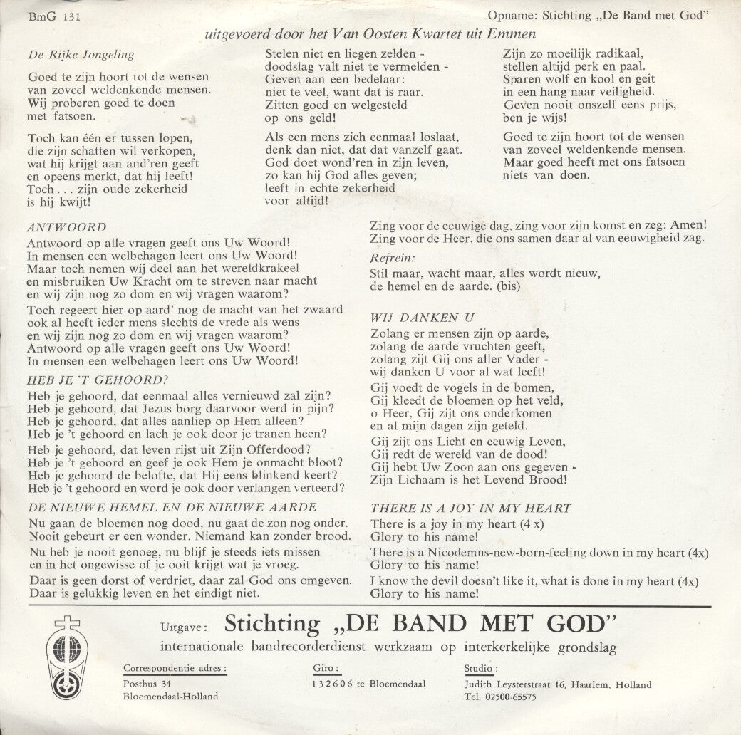 Van Oosten Kwartet Zingt - De Rijke Jongeling Vinyl Singles Vinyl Very Good (VG) <br> Hoes Good Plus (G+)