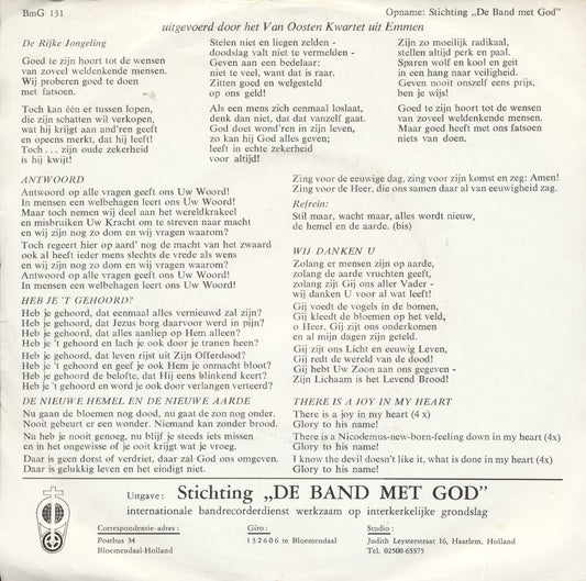 Van Oosten Kwartet Zingt - De Rijke Jongeling Vinyl Singles Vinyl Zeer Goed / Hoesje Goed "VINYLSINGLES.NL"