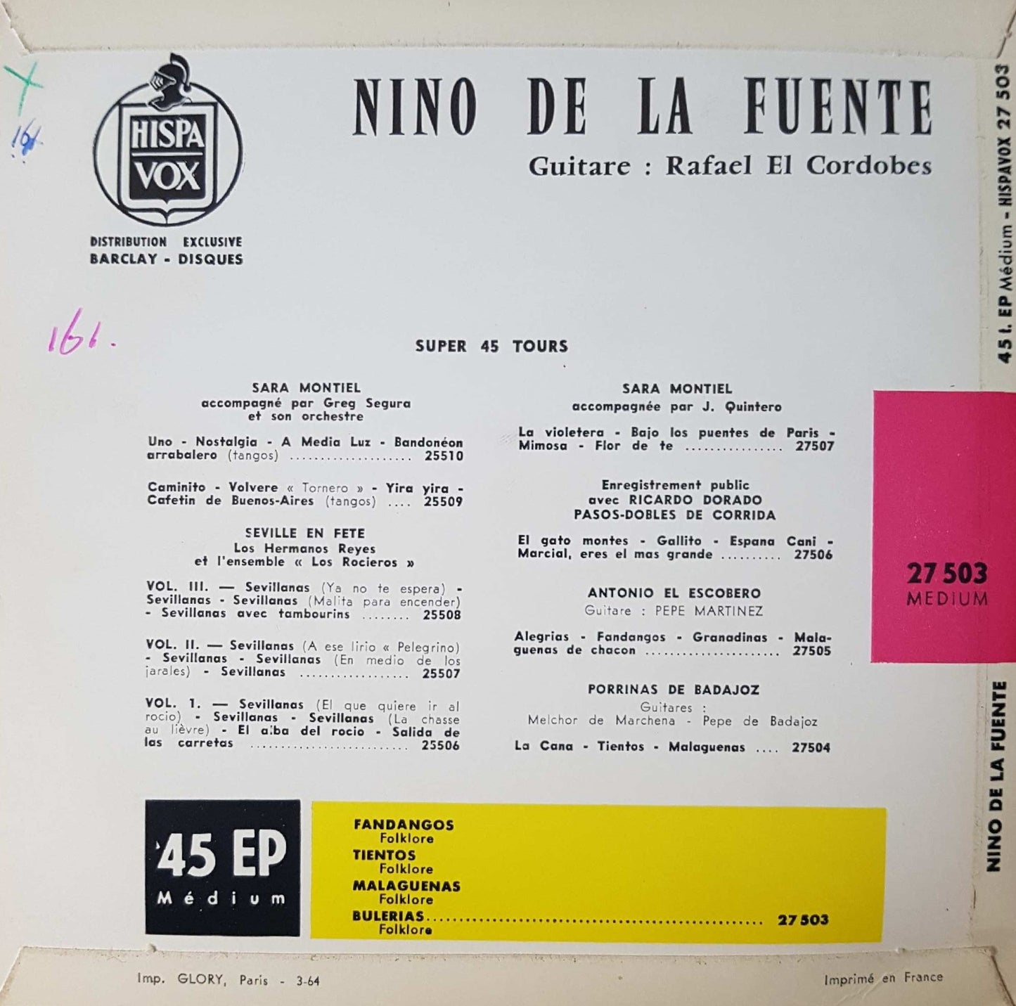 Niño De La Fuente - Fandangos Tientos Malaguenas Bulerias Vinyl Singles EP Vinyl Very Good (VG) <br> Hoes Good Plus (G+)