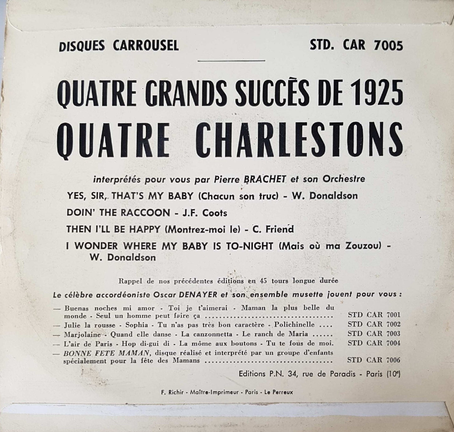 Pierre Brachet Et Son Orchestre - Charleston Vinyl Singles Vinyl Very Good (VG) <br> Hoes Good Plus (G+)