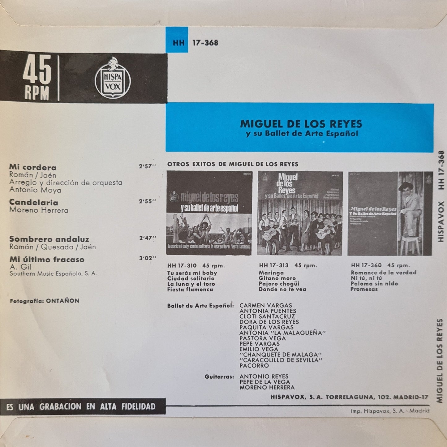 Miguel De Los Reyes - Y Su Ballet De Arte Espanol Vinyl Singles Vinyl Very Good (VG) <br> Hoes Good Plus (G+)