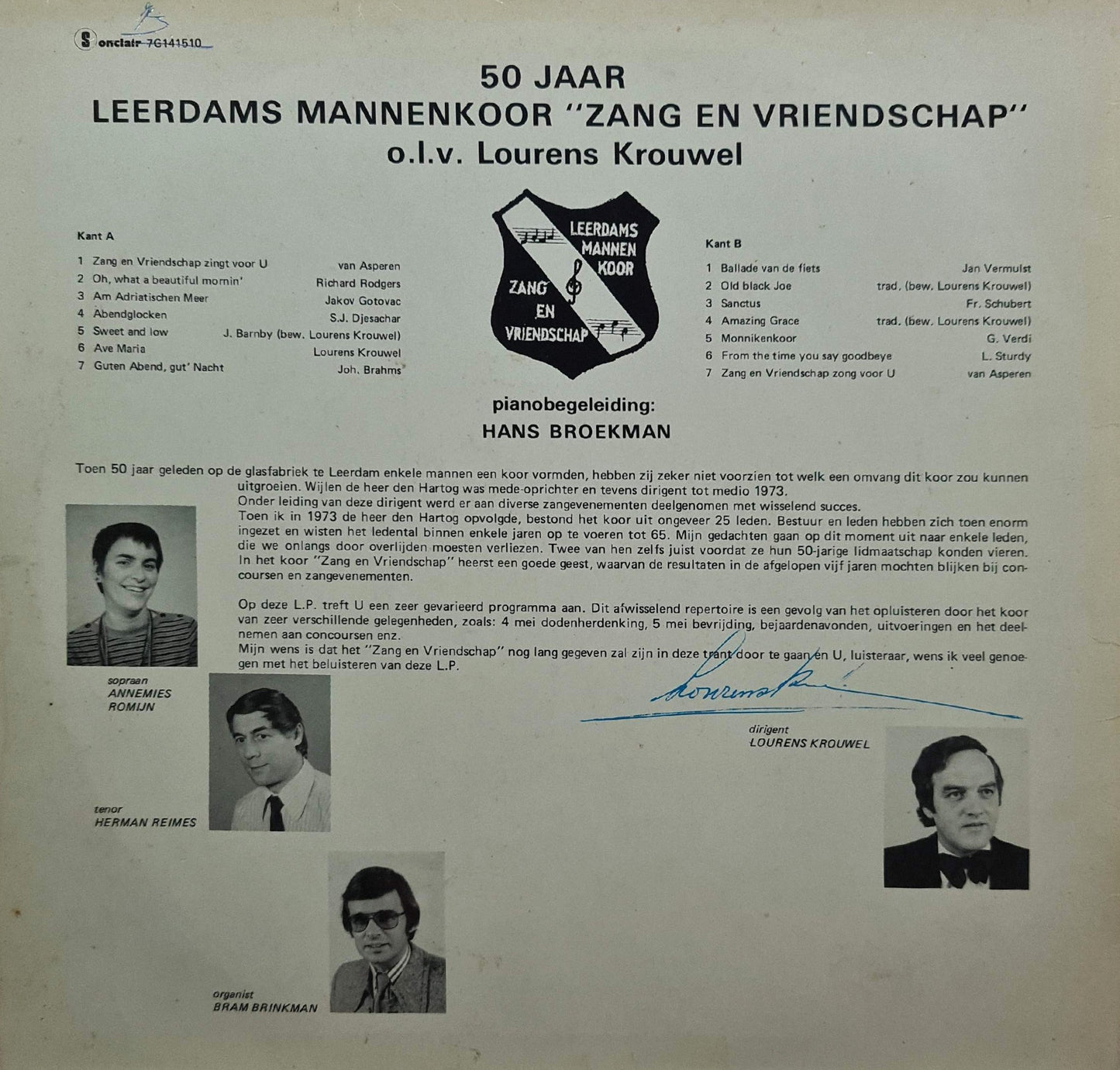 Leerdams Mannenkoor Zang En Vriendschap - * Jaar (LP) Vinyl LP Vinyl Very Good (VG) <br> Hoes Good Plus (G+)