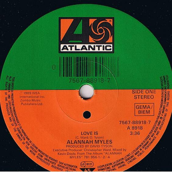 Alannah Myles - Love Is Vinyl Singles Vinyl Very Good (VG) <br> Hoes Good Plus (G+)